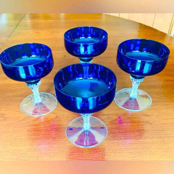Set of 4 royal blue coctail glasses ice-cream bowls desert glasses with pedestal - Picture 3 of 7